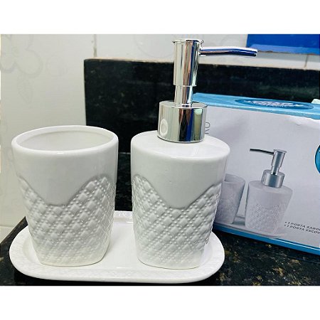 Conjunto 3Pcs P/Banheiro de Cerâmica Summit Branco e Prateado