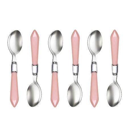 CJ 6 Colheres P/ Café de Aço Inox C/ Cabo de Plastico Mother Pearl Rosa 16cm