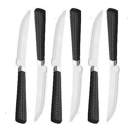 Conjunto 6 Facas de Churrasco de Aço Inox com Cabo de Plástico Rattan Preto 22cm