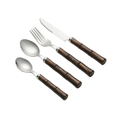 Faqueiro 24 Peças de Aço Inox com Cabo de Plástico Bambu Marrom Luxo
