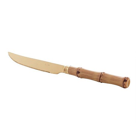 Conjunto 6 Facas de Churrasco de Aço Inox com Cabo em Plástico Bambu Dourado 22cm