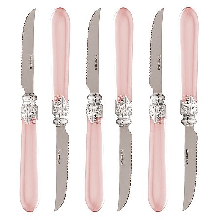 Conjunto 6 Facas de Churrasco de Aço Inox com Cabo em Plástico Destiny Rosa 23,5cm