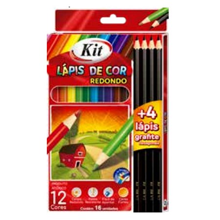 Kit Material Escolar Lápis de Cor 12 cores + 4 Lápis Grafite