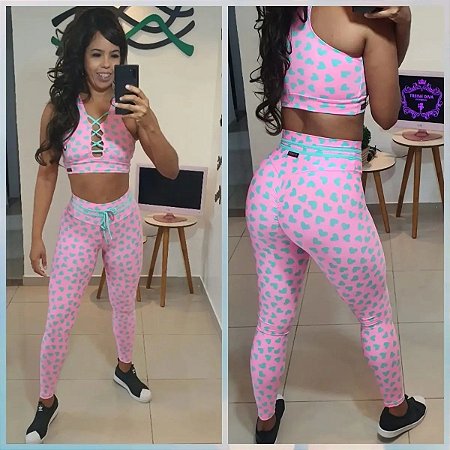 Conjunto Legging Rosa Coração Verde