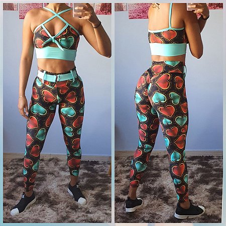 Conjunto Legging Preto Coração Fitness