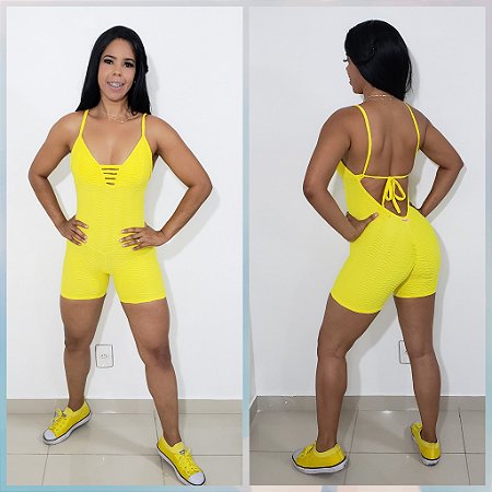 Macaquinho Curto Fitness Jacquard Escamado Amarelo