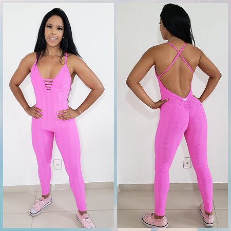 Macacão Longo Fitness Rosa Pink Jacquard Escamado - Treine Diva