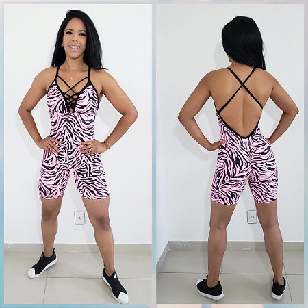 Macaquinho Curto Fitness Animal Print Tigresa Rosa