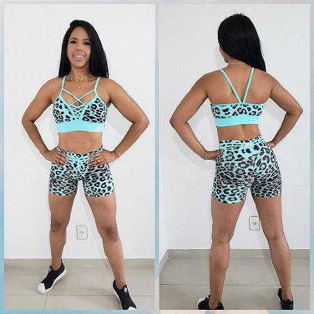 Conjunto Short e Top Fitness Animal Print Onça Azul