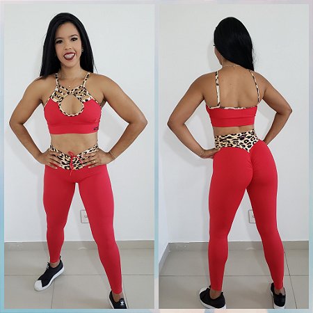 Conjunto Legging e Top Fitness Vermelho Onça