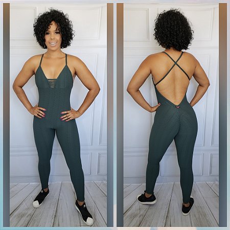 Macacão Longo Fitness Verde Militar Jacquard Escamado