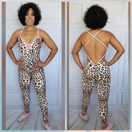 Macacão Longo Fitness Animal Print Onça Viés Rosa