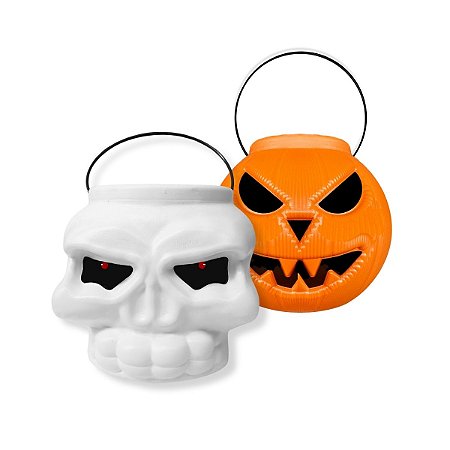 Abobora laranja + Balde Caveira P/Doces Decoração Halloween