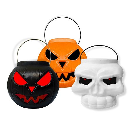 Kit Cestos Halloween Abobora Laranja + Caveira + Abobora Preta