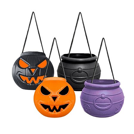 Cesta Balde Abóbora Média Doces Decoração Festa Halloween