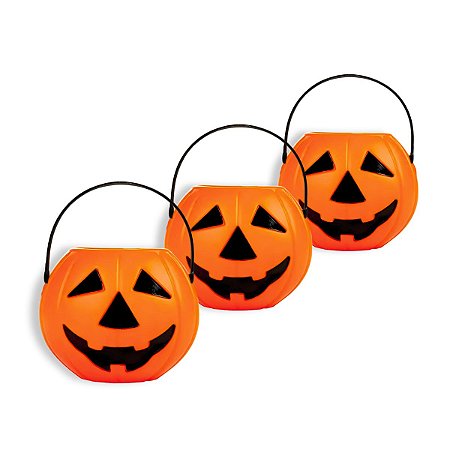 3 Mini Cesta Balde Abóbora P/Doces Decoração Festa Halloween