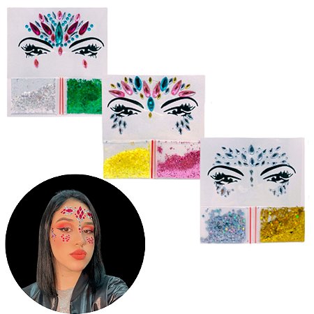 01 Cartela Adesivo Facial Pedras C/Glitter Fantasia Carnaval