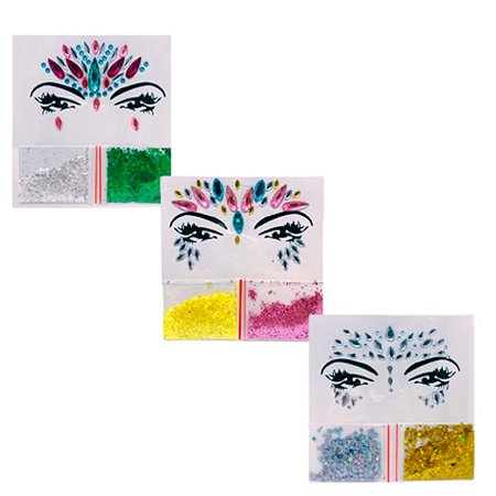 06 Cartela Adesivo Facial Pedras C/Glitter Fantasia Carnaval