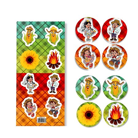 96 Adesivo Redondo Figurinha Cartela Festa Junina São João