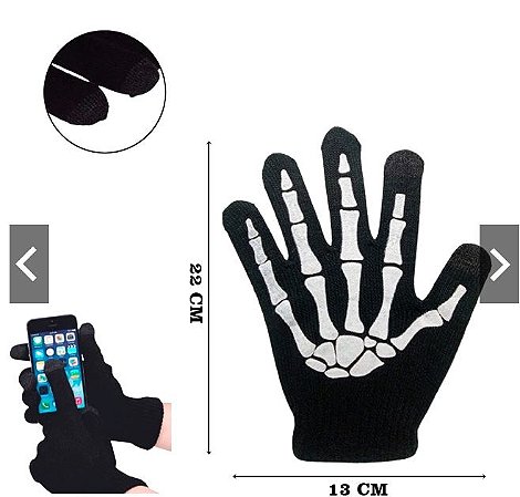 2 Pares Luva Frio Touch Caveira Halloween Mexer Celular Adulto