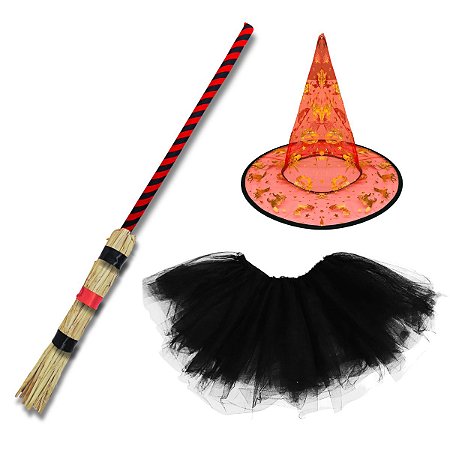 Kit Fantasia Bruxa Vassoura Chapéu Festa Halloween