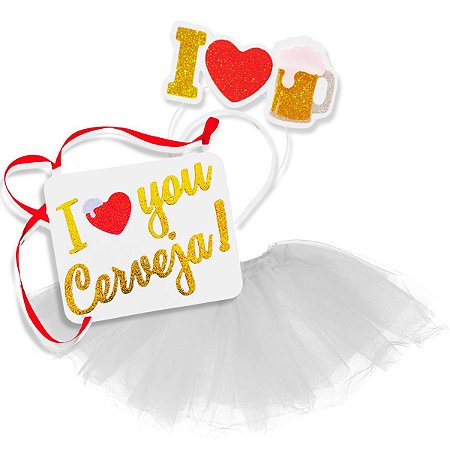 Kit Fantasia Bloquinho Carnaval Amo Cerveja Tiara Placa Saia