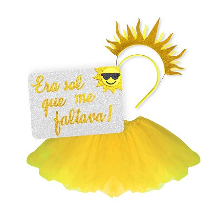 Kit Tiara Sol + Plaquinha + Saia Fantasia Bloquinho Carnaval