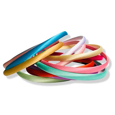 12 Tiara Colorida Cetim Encapada Plástica Fina 10mm