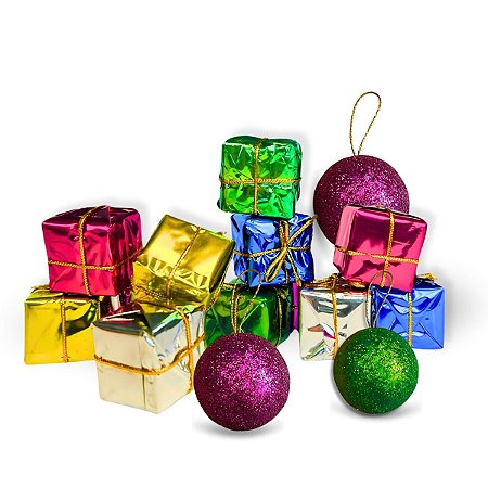 12 Mini Enfeites Bolinhas e Caixas Presente Pendurar Natal