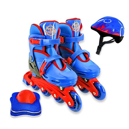 Patins Inline Azul Tamanho Ajustável 34-37 + Kit Proteção