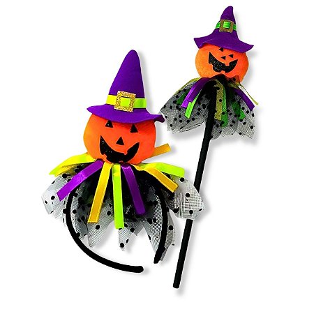 Kit Tiara e Varinha Abóbora Dia das Bruxas Acessório Fantasia
