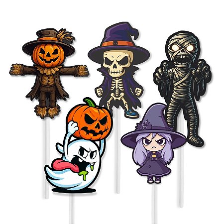 Kit 30 Enfeite Palito Topper Bolo Doce Personagens Halloween