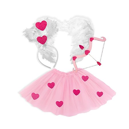 Fantasia Cupido Rosa Arco + Tiara + Saia + Asa Carnaval