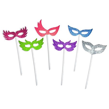 Kit 10 Enfeite Palito Máscara Topper Bolo Decoração Carnaval