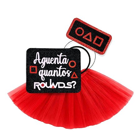 01 Tiara Eva + Placa + Saia Round 6 Festa Fantasia Carnaval