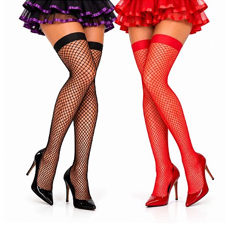 01 Meia 7/8 Arrastão Telinha Vazada Fantasia Halloween Sensual Lingerie