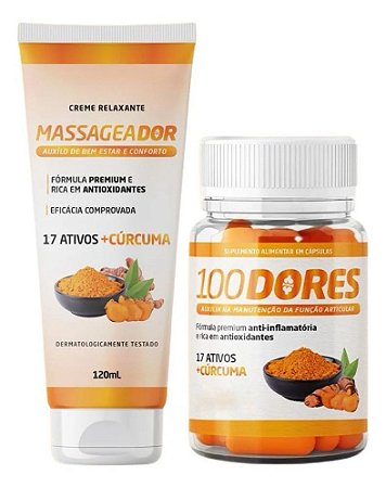100 Sem Dores Suplemento Alimentar em Cápsulas e Creme Massageador Relaxante Cúrcuma 120ml