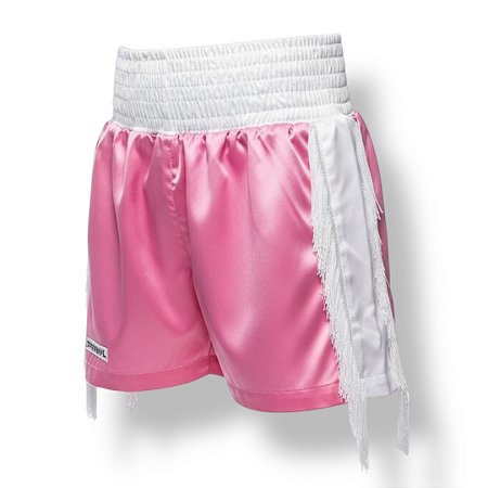 Calção de boxe profissional feminino rosa com franja branca