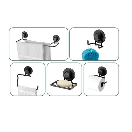 Kit 5 Peças Para Banheiro Papeleira Saboneteira Gancho Duplo Toalheiro Preto Fosco