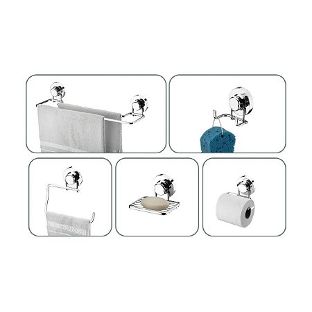 Kit 5 Peças Para Banheiro Papeleira Saboneteira Gancho Duplo Toalheiro Cromado