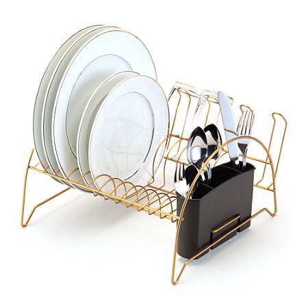 Escorredor Fan Com Porta Copos E Talheres Para 11 Pratos Dourado Arthi