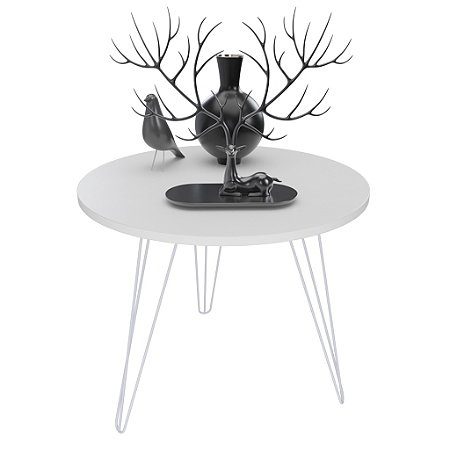 Mesa De Apoio Central Lateral Até 20kg Madeira Branca Aço Vintage 53,5cm