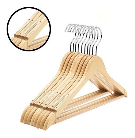 Kit 20 Cabides De Madeira Marfim Natural Com Silicone Antideslizante 44cm