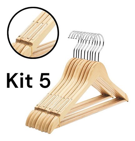 Kit 5 Cabides De Madeira Marfim Natural Com Silicone Antideslizante 44cm