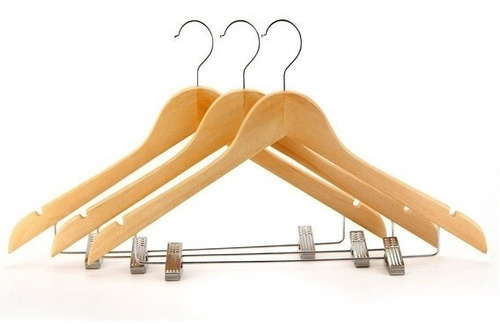 Kit 20 Cabides De Madeira Marfim Natural Com Silicone Antideslizante E Presilhas Metal 44cm