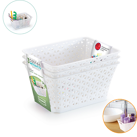 Kit 3 Cestos Organizador Armário Gaveta Cozinha Lavanderia Branco