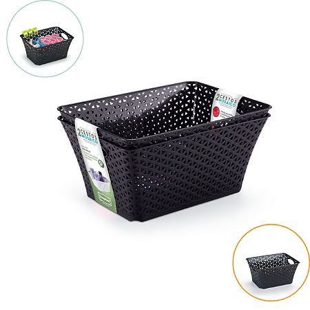 Kit 3 Cestos Organizadores Mosaico Retangular 5,3 Litros Preto