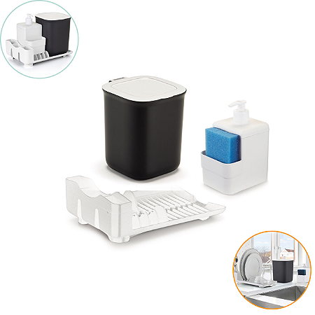 Kit Pia Organizador Escorredor De Pratos Compacto, Dispenser, Lixeira - Branco