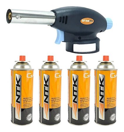 Kit Maçarico Culinário + 4 Refil  De Gás Butano Solda Regulagem Gt6019