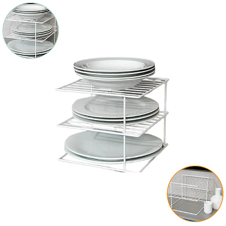 Suporte Organizador Para Pratos Armário 3 Niveis Quadrado Cozinha - Branco